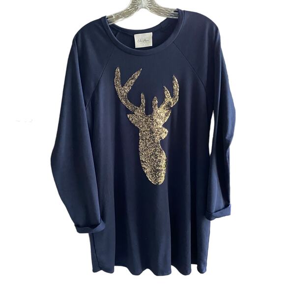 Women's L ELLA MARA Dark Blue Tunic with Gold Sequin Deer - Picture 1 of 6